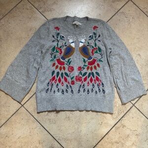 LOFT Gray Sweater with Colorful Embroidery